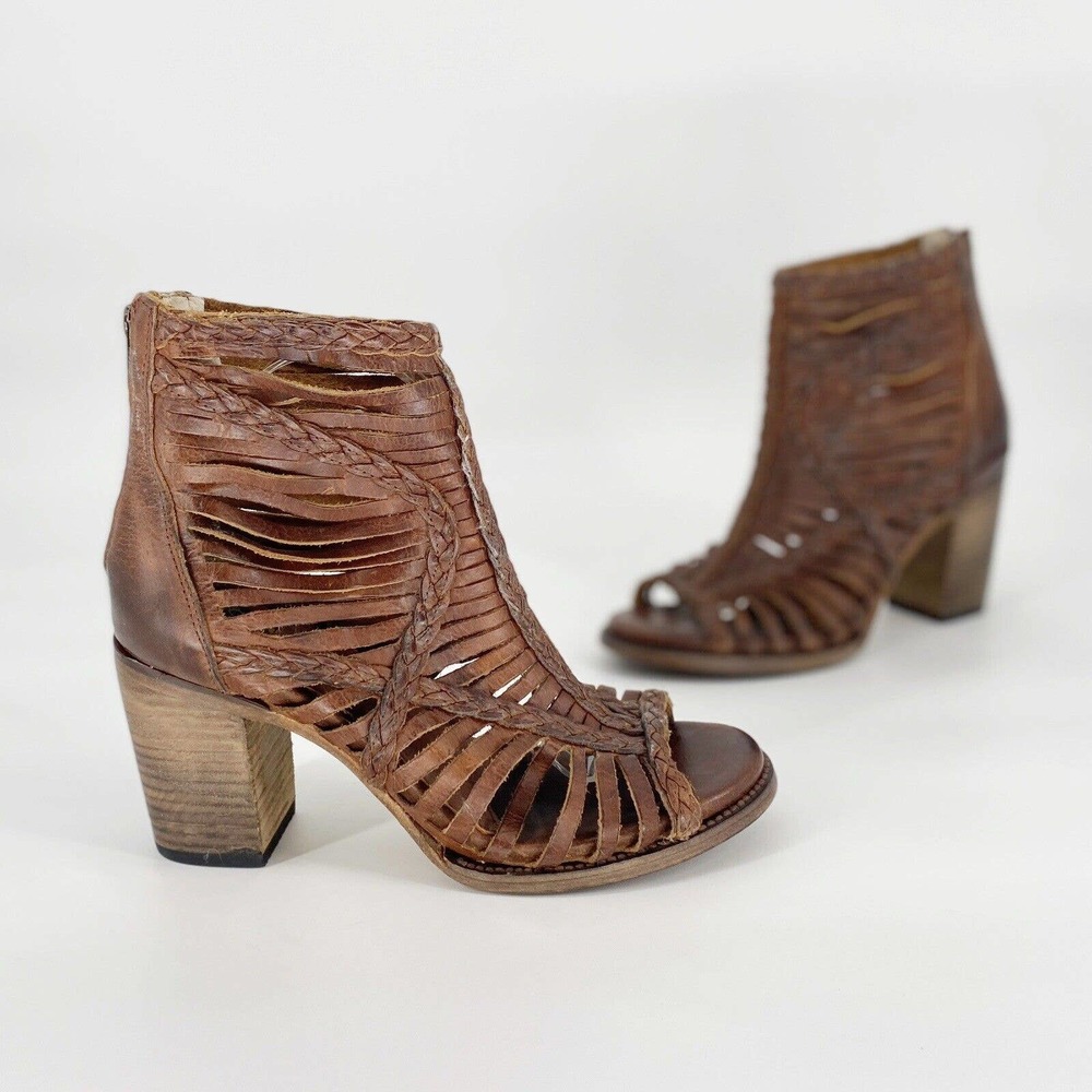 Brown Leather Cutout Heeled Sandals - Women's Fashion Booties